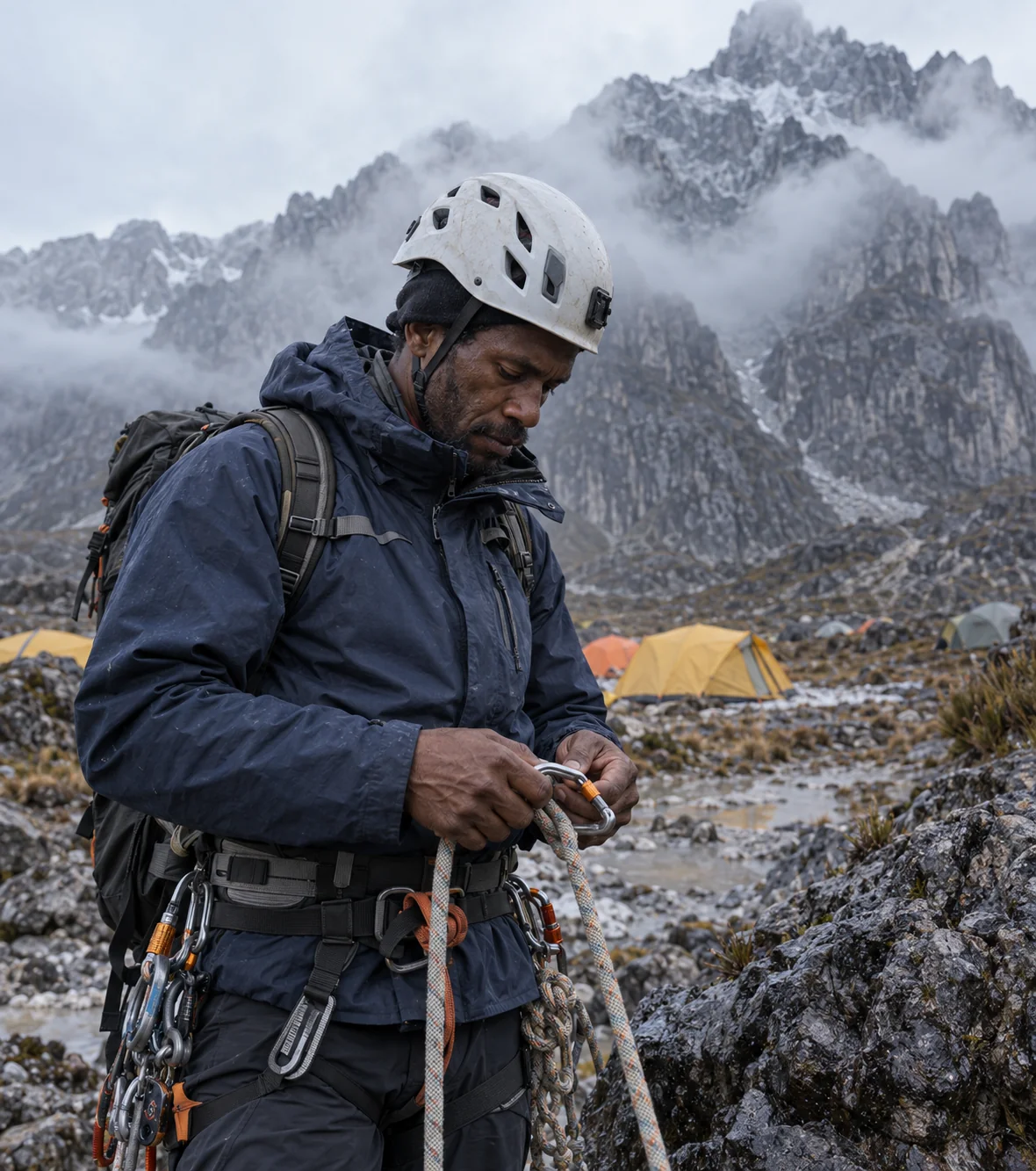 Papuan guide preparing ropes at Carstensz base camp