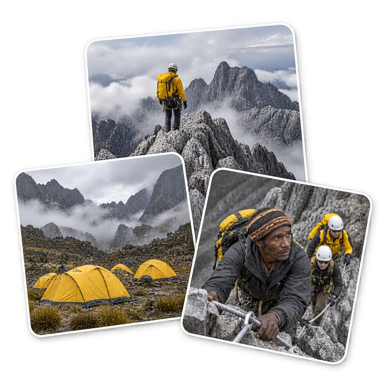 Carstensz summit, base camp, and guided climbing collage