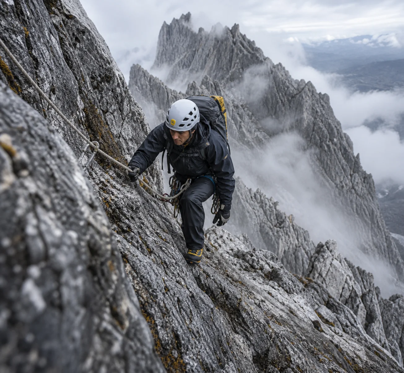 Climber ascending the limestone face of Carstensz Pyramid
