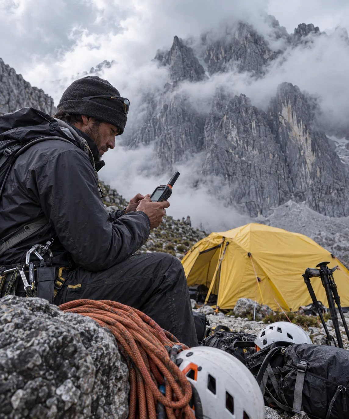 Guide monitoring communications and weather at base camp
