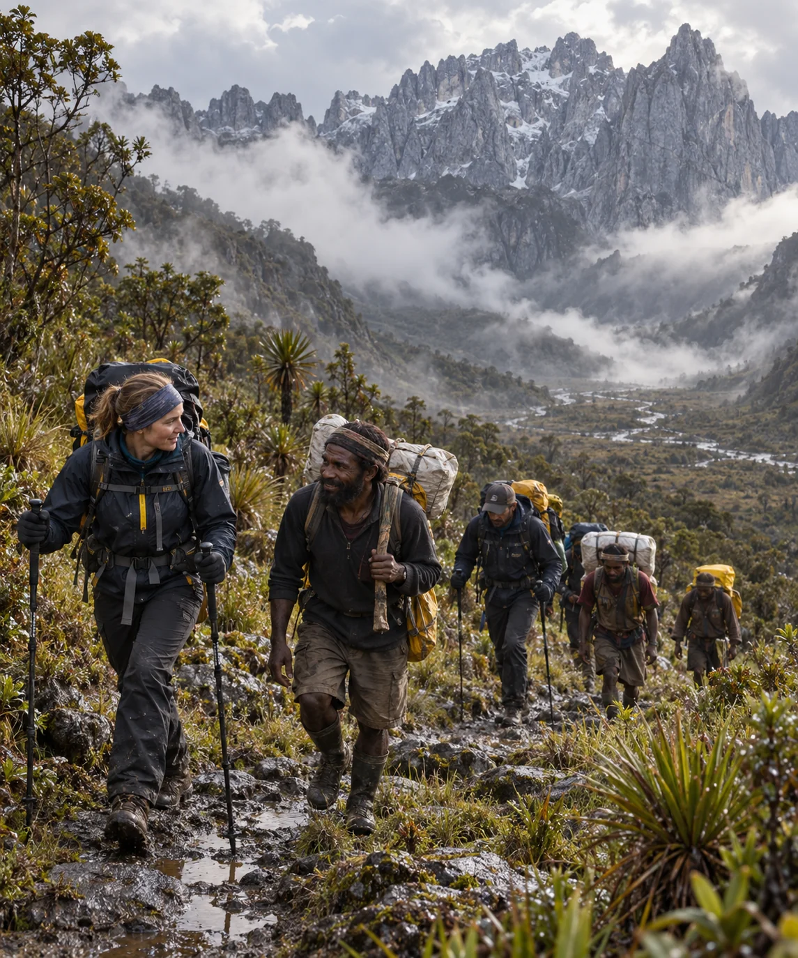 Expedition team and Papuan support crew in the highlands